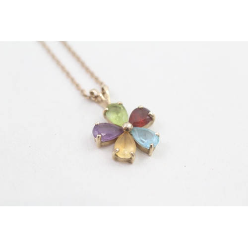 196 - 9ct gold garnet, peridot, amethyst, citrine, and topaz set floral pendant necklace (2.3g)