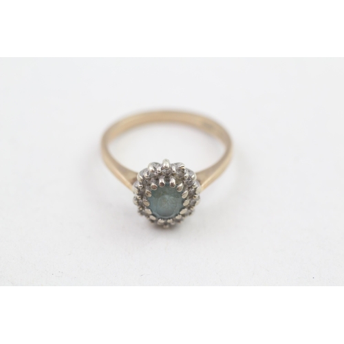 197 - 9ct gold diamond and blue topaz set cluster ring (2.6g) Size L