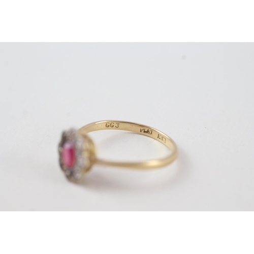2 - 18ct gold & platinum red gemstone & white sapphire cluster ring Size Q  2.2g