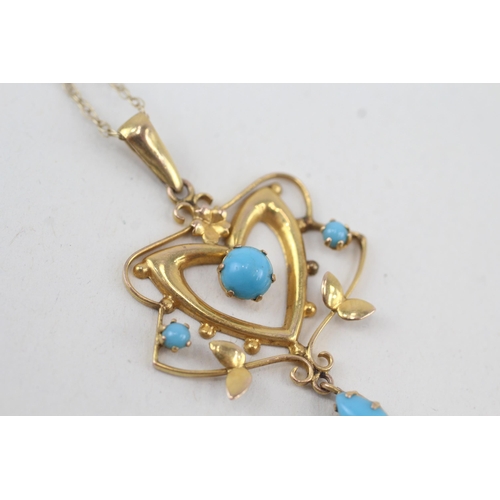 21 - 9ct gold antique faux turquoise openwork pendant necklace with later chain   2g