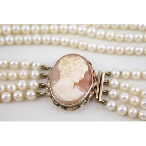 232 - 9ct gold cameo and cultured pearl necklace (45.7g)