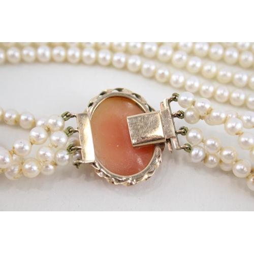 232 - 9ct gold cameo and cultured pearl necklace (45.7g)