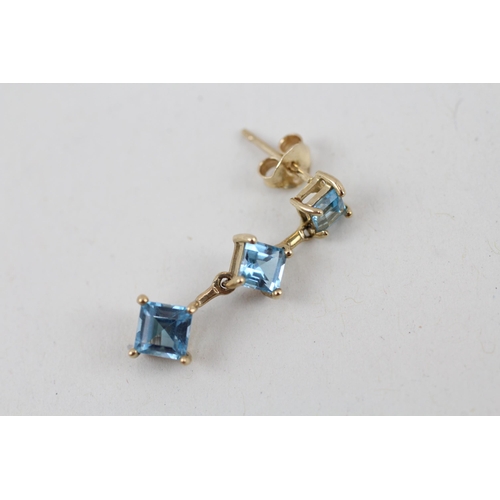 3 - 9ct gold blue topaz drop earrings   1.9g