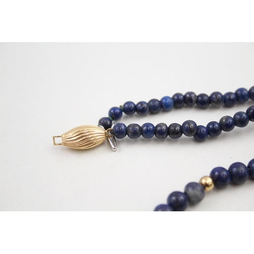46 - 18ct gold clasp lapis lazuli single strand necklace with gold bead spacers   29g