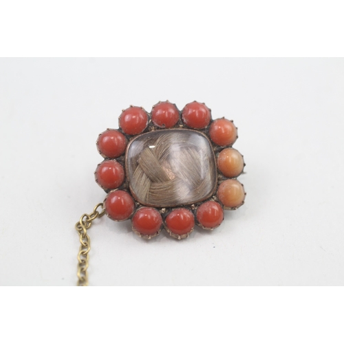 51 - 9ct gold coral and hairwork mourning brooch   4.1g