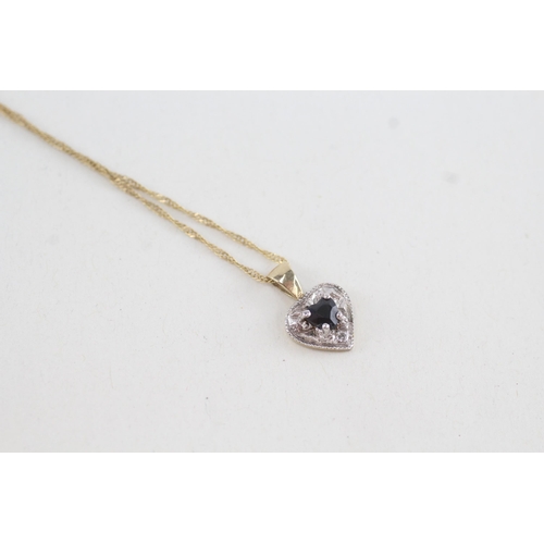 93 - 9ct gold diamond & sapphire heart pendant necklace (1.3g)