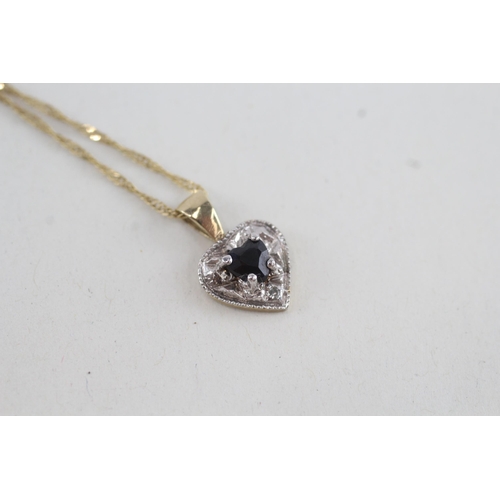 93 - 9ct gold diamond & sapphire heart pendant necklace (1.3g)