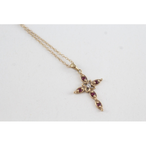 95 - 9ct gold diamond & ruby cross pendant necklace (2g)