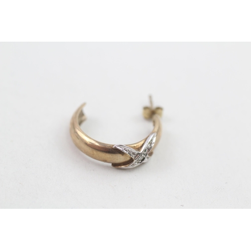 10 - 9ct gold diamond accented kiss cross half hoop earrings (4.1g)