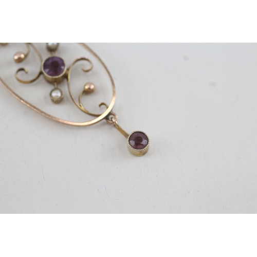 114 - 9ct gold antique Edwardian amethyst & seed pearl openwork pendant necklace with later chain (2.5g)