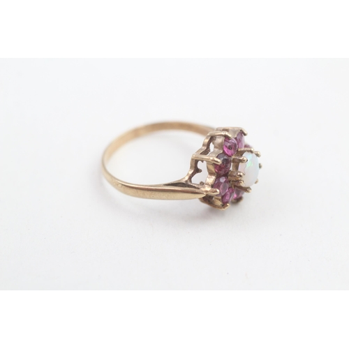 145 - 9ct gold ruby and opal set cluster ring (2.7g) Size  O