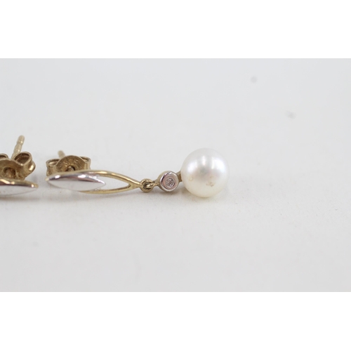 153 - 9ct gold diamond & cultured pearl drop earrings (1.7g)