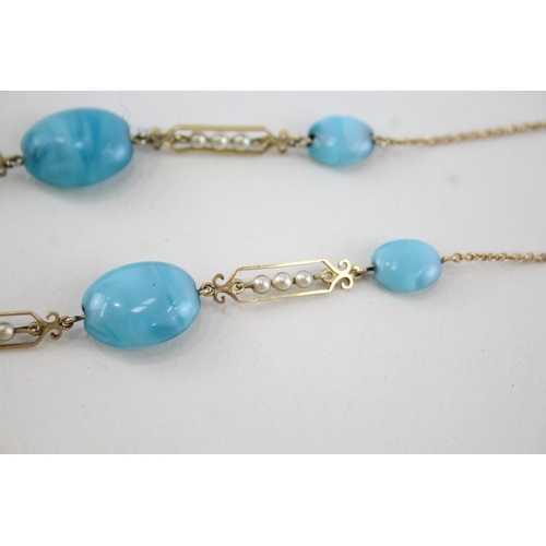 158 - 9ct gold antique blue glass & faux pearl fancy link necklace (10.4g)