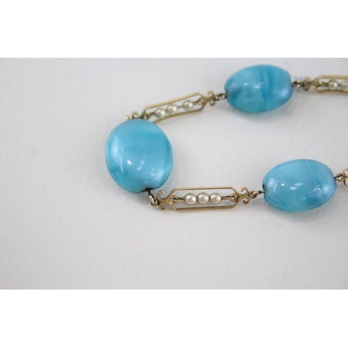 158 - 9ct gold antique blue glass & faux pearl fancy link necklace (10.4g)