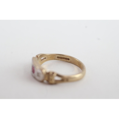 166 - 9ct gold diamond & ruby three stone ring (3g) Size  N 1/2