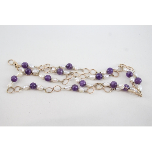 180 - 9ct gold amethyst & rice pearl fancy link necklace (11g)