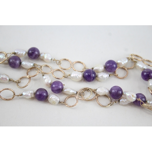 180 - 9ct gold amethyst & rice pearl fancy link necklace (11g)