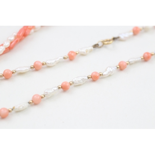 186 - 2 x 9ct gold cultured rice pearl and coral set necklaces (29.4g)