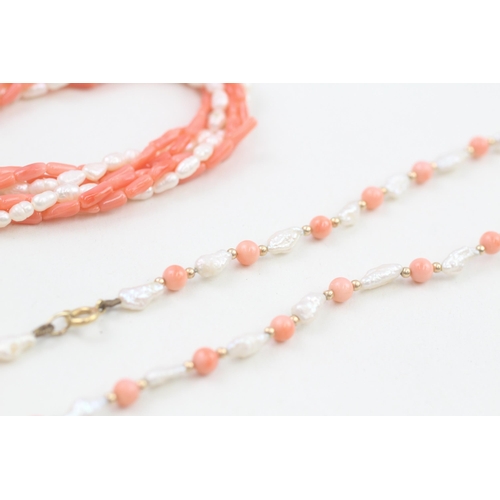 186 - 2 x 9ct gold cultured rice pearl and coral set necklaces (29.4g)