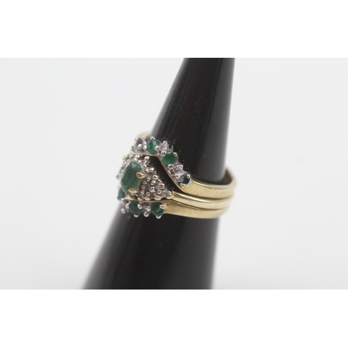 193 - 3 x 9ct gold diamond & emerald rings inc. cluster & chevron, as seen (4.7g) Size  J 1/2 + J 1/2 + J ... 