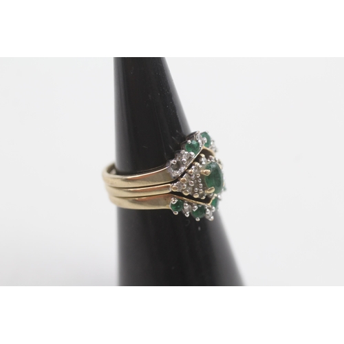 193 - 3 x 9ct gold diamond & emerald rings inc. cluster & chevron, as seen (4.7g) Size  J 1/2 + J 1/2 + J ... 