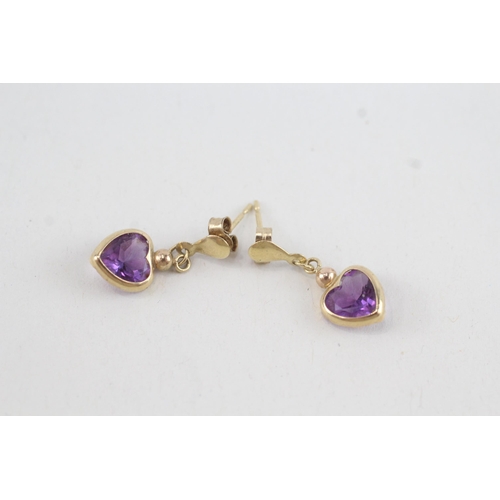 198 - 9ct gold amethyst heart drop earrings (0.8g)