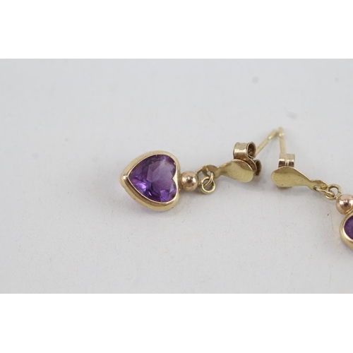 198 - 9ct gold amethyst heart drop earrings (0.8g)