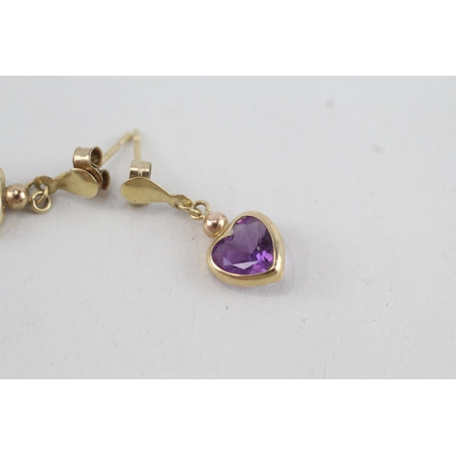 198 - 9ct gold amethyst heart drop earrings (0.8g)