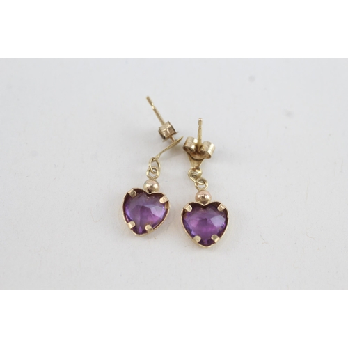 198 - 9ct gold amethyst heart drop earrings (0.8g)