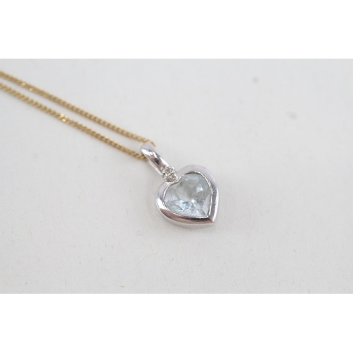 204 - 9ct white gold diamond & aquamarine heart pendant necklace with yellow gold chain (1.8g)