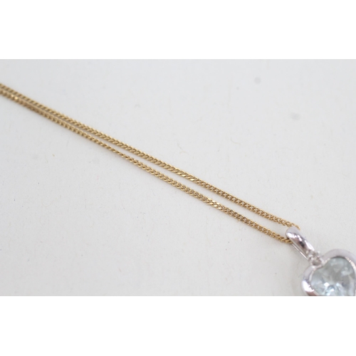 204 - 9ct white gold diamond & aquamarine heart pendant necklace with yellow gold chain (1.8g)