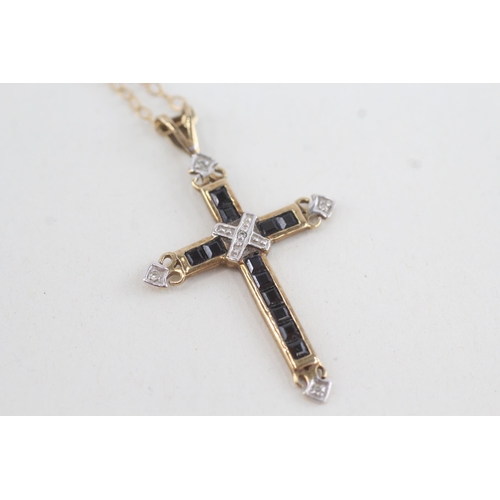 214 - 9ct gold diamond & sapphire cross pendant necklace (2.1g)