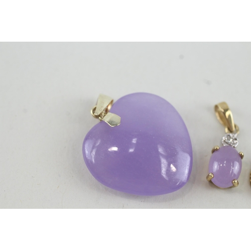 31 - 3x 9ct gold lavender jade & diamond pendants (6.2g)