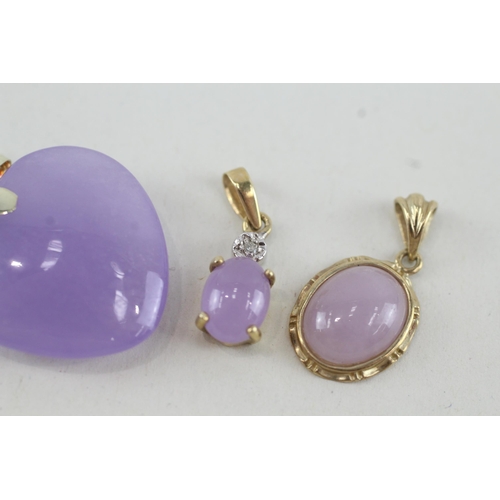 31 - 3x 9ct gold lavender jade & diamond pendants (6.2g)