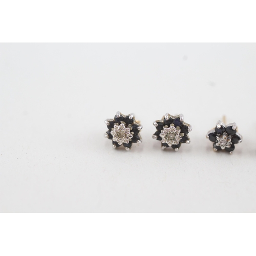 34 - 2x 9ct gold sapphire & diamond cluster stud earrings with scroll backs (1.9g)