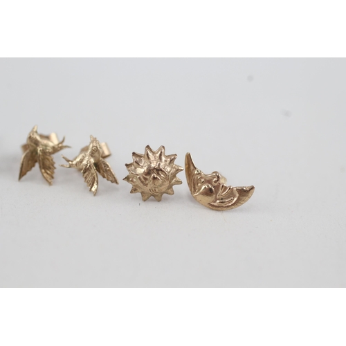 36 - 3x 9ct gold stud earrings, including sun & moon, birds & shells (1.5g)
