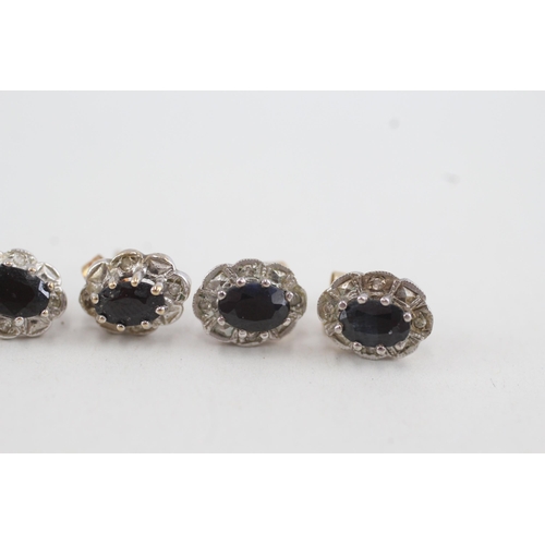 38 - 2x 9ct gold sapphire & diamond cluster earrings with scroll backs (3.2g)