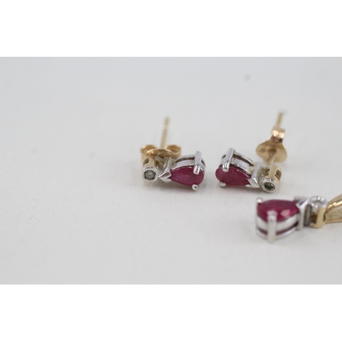 39 - 2x 9ct gold pear cut ruby & diamond necklace & stud earrings sets (2.4g)