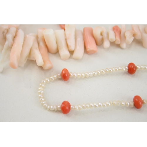 47 - 2x 14ct gold coral & cultured pearl necklace (47.1g)