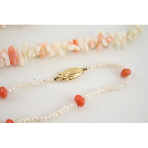 47 - 2x 14ct gold coral & cultured pearl necklace (47.1g)