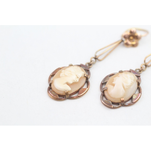 54 - 15ct gold carved shell cameo set drop earrings (4.3g)