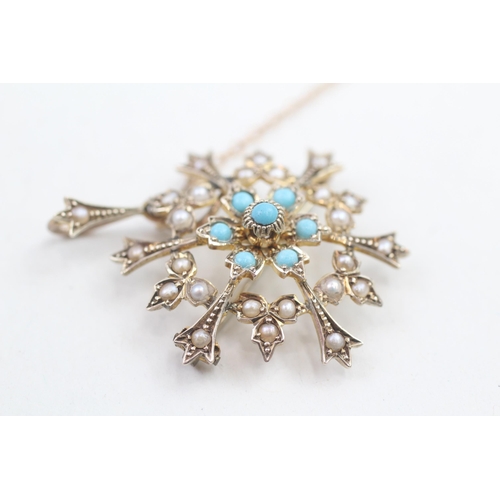 58 - 9ct gold vintage split pearl and turquoise set floral starburst brooch (4.4g)