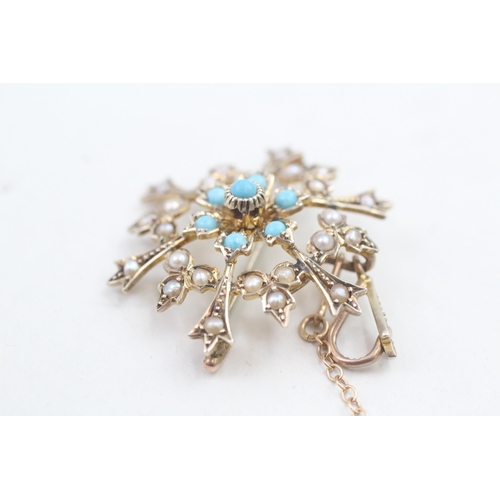 58 - 9ct gold vintage split pearl and turquoise set floral starburst brooch (4.4g)