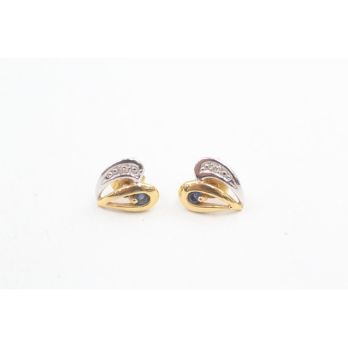 69 - 9ct gold diamond and sapphire set heart shaped stud earrings (0.6g)