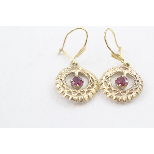 8 - 9ct gold vintage ruby set halo drop earrings (2.2g)