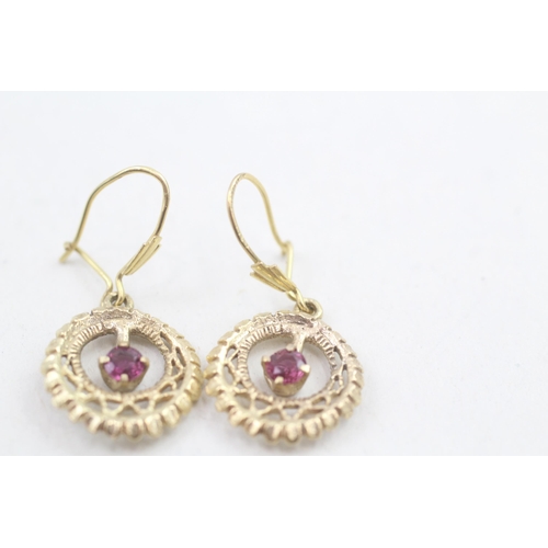 8 - 9ct gold vintage ruby set halo drop earrings (2.2g)