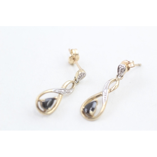 9 - 9ct gold black gemstone and diamond set teardrop drop earrings (1.7g)