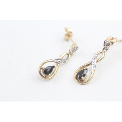 9 - 9ct gold black gemstone and diamond set teardrop drop earrings (1.7g)