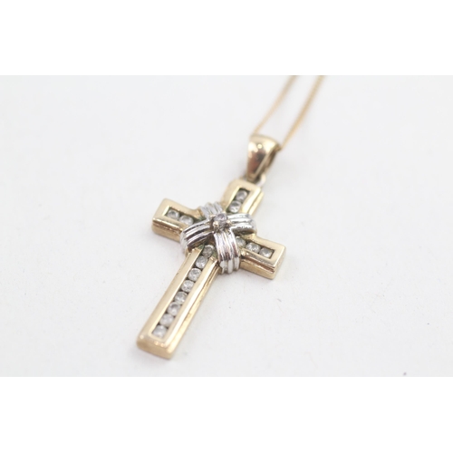 99 - 9ct gold diamond set Christian cross pendant necklace (3.2g)