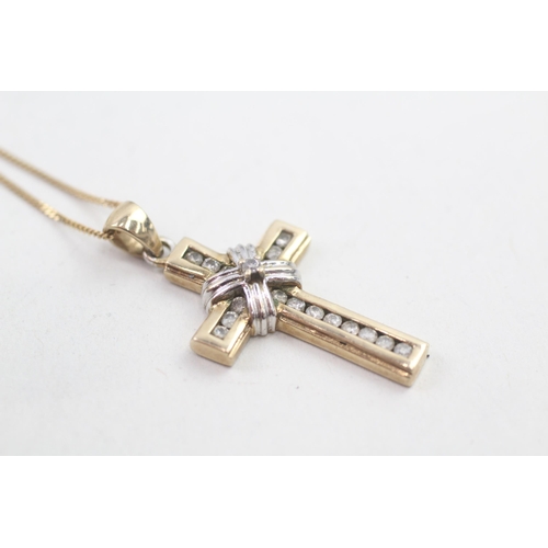99 - 9ct gold diamond set Christian cross pendant necklace (3.2g)